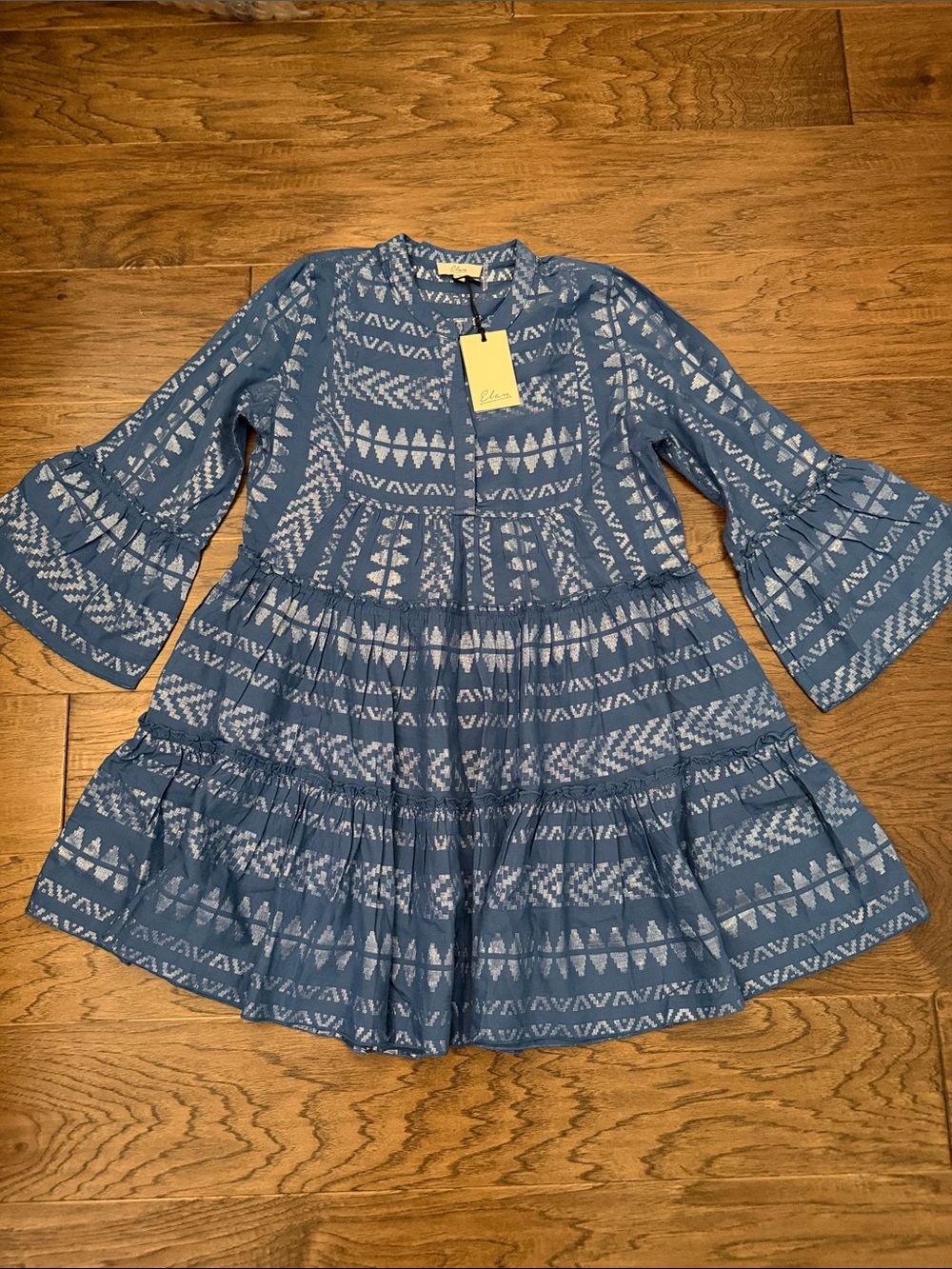 NWT Élan Boho Tiered Geometric Mini Dress Blue Bell Sleeve Tunic S